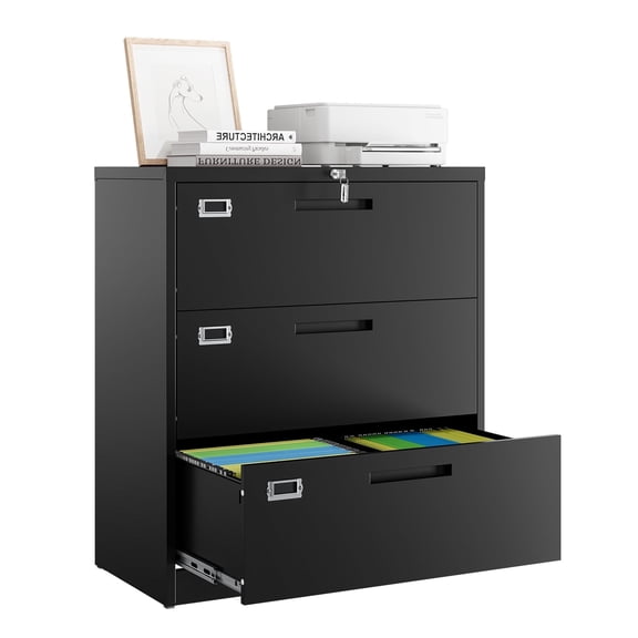 Fesbos Lateral File Cabinets with Lock,3 Drawer 36" Wide Metal Filing Cabinets,Hanging Letter/Legal/F4/A4 Size, Assembly Required - Black