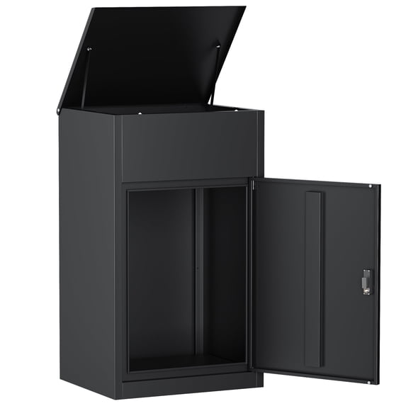 Fesbos Lockable Package Drop Box, Metal Package Delivery Box, 33.5"H Outdoor Storage Boxes Cabinet, Waterproof Anti-Theft Baffle Design, H33.5" x W19.7" x D16.1", Black