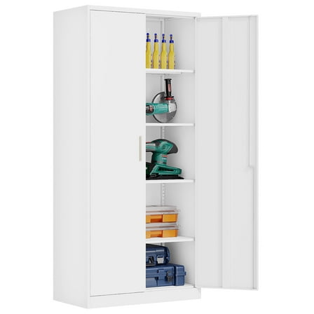Fesbos Metal Garage Storage Cabinet with 2 Doors and 4 Adjustable Shelves, 71 Inches Tall White Steel Locking Tool Cabinets for Office, Home, Garage, Gym, School, Warehouse