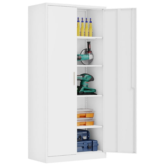 Fesbos Metal Garage Storage Cabinet with 2 Doors and 4 Adjustable Shelves, 71 Inches Tall White Steel Locking Tool Cabinets for Office, Home, Garage, Gym, School, Warehouse