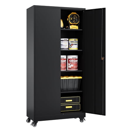 Fesbos Metal Storage Cabinet, 73" H Tall Steel Tool Cabinets with Wheels Lockable Doors and Adjustable Shelve, Black Garage Cabinet for Home,Kitchen,Office