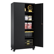 Fesbos Metal Storage Cabinet, 73" H Tall Steel Tool Cabinets with Wheels Lockable Doors and Adjustable Shelve, Black Garage Cabinet for Home,Kitchen,Office