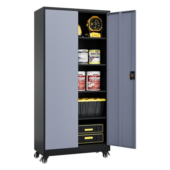 Fesbos Metal Storage Cabinet, 73" H Tall Steel Tool Cabinets with Wheels Lockable Doors and Adjustable Shelve, Black Gray Garage Cabinet for Home,Kitchen, Office