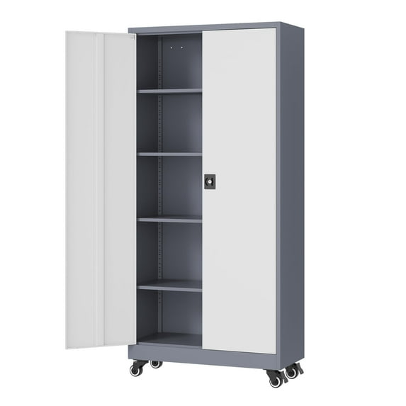 Fesbos Metal Storage Cabinet, 73" H Tall Steel Tool Cabinets with Wheels Lockable Doors and Adjustable Shelve, White Gray Garage Cabinet for Home,Kitchen, School, Office