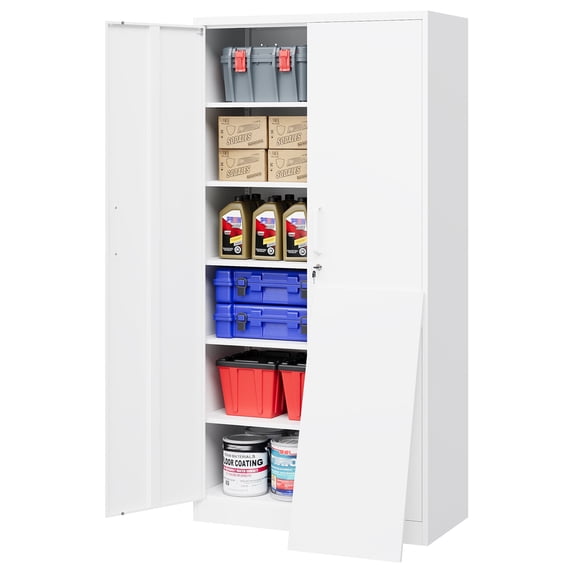 Fesbos 72" Metal Storage Cabinet with 5 Adjustable Shelves,Tall White Lockable Tools Cabinet,Steel Garage Storage Cabinets for Home Office,Pantry,Hospital