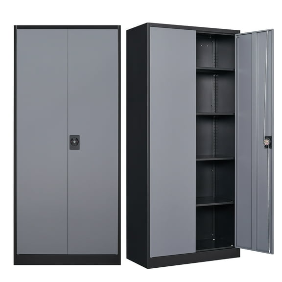 Fesbos Metal Storage Cabinet with Locking Doors, BlackGray Garage Lockable Steel Cabinets with 2 Doors and 4 Shelves for Home, Garage, Pantry Workshop Warehouse