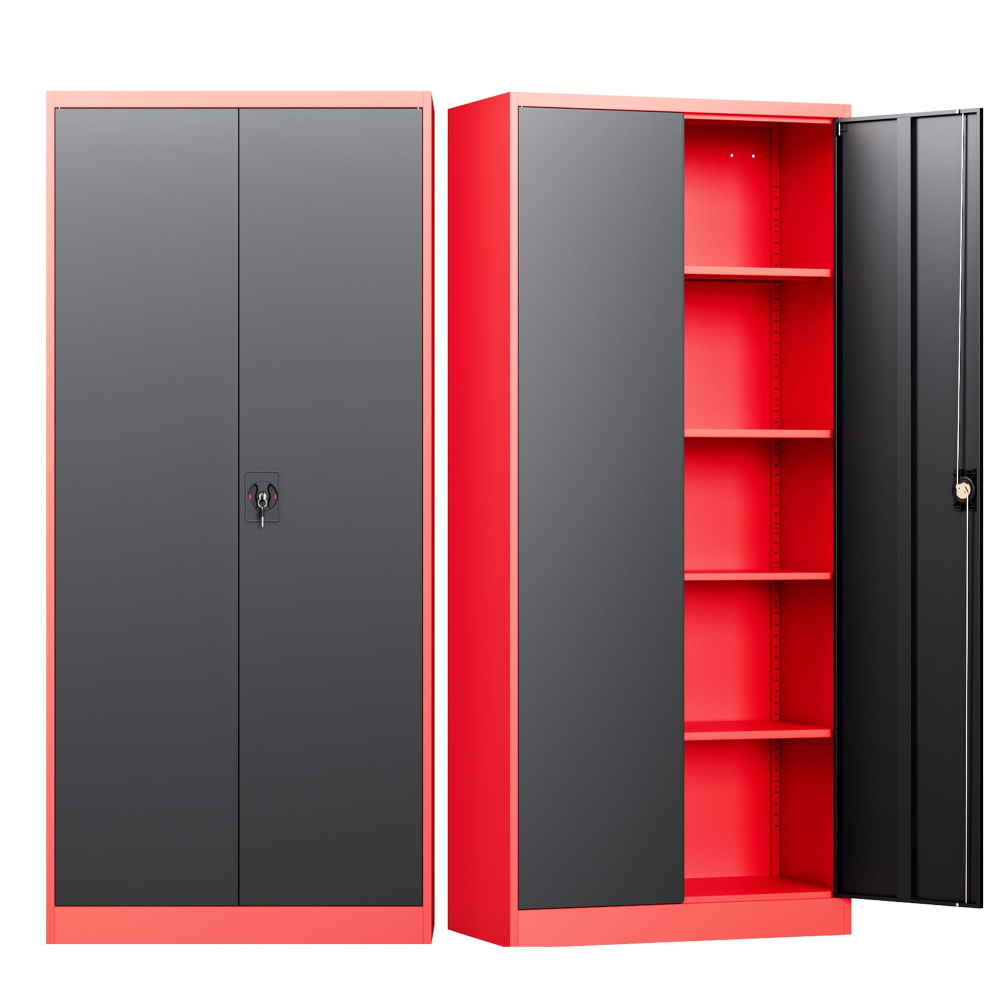 Fesbos Metal Storage Cabinet with Locking Doors, Red Black Garage Lockable Steel Cabinets with 2 Doors and 4 Shelves for Home, Garage, Pantry Workshop Warehouse