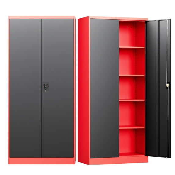 Fesbos Metal Storage Cabinet with Locking Doors, Red Black Garage Lockable Steel Cabinets with 2 Doors and 4 Shelves for Home, Garage, Pantry Workshop Warehouse