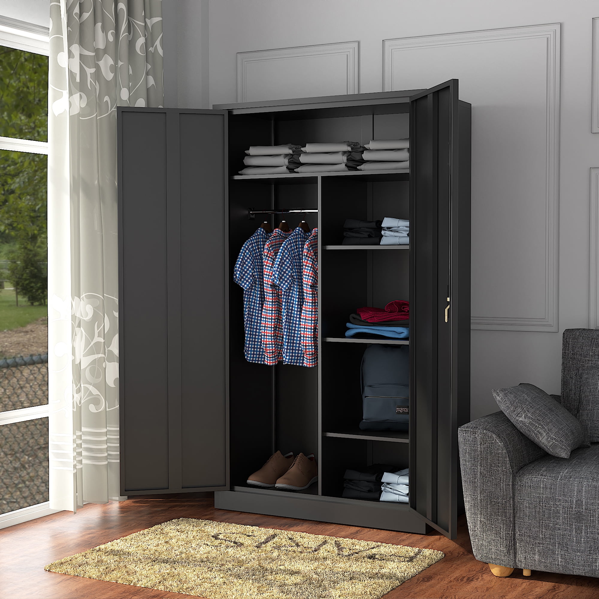 SUXXAN Metal Wardrobe Cabinet, Tall Storage Cabinet with Doors and Shelves,  Steel Locker Cabinet with Hanging Rod and Adjustable Shelves, Home Office