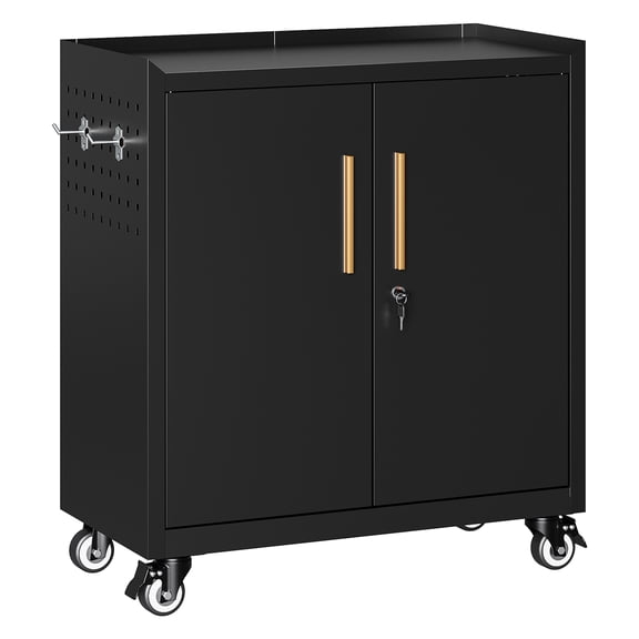 Fesbos Mobile Metal Garage Storage Cabinet with Wheels, Side Pegboard & Locking Doors, Steel Tool Cabinet with Adjustable Shelves and Top Work Surface, Garage Workshop Office, Black