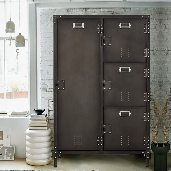Fesbos Steel Wardrobe Cabinet Locker, 55.1" H x 17.9" D x 29.5" W Rustic Metal Storage Cabinet with Lockable Doors and Hanging Rod, Industrial Rivet Style, for Living Room, Bedroom, Garage and Club