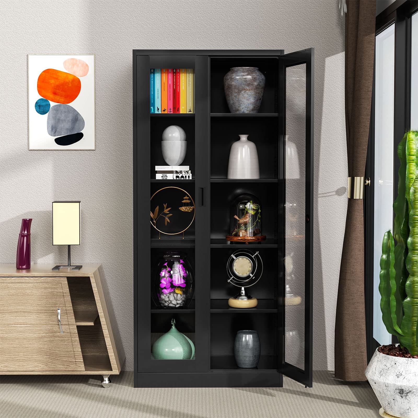 Fesbos Tall Bookcase Storage Cabinet with Tempered Glass Door,Metal Display Cabinet with 4 Adjustable Shelves,5-Tier Curio Cabinet for Home, Study, Living Room and Office