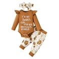 thumbnail image 1 of Fesfesfes Fashion Girls' Casual Long Sleeve Round Neck Collar Romper Fall Winter Solid Long Pants Sets Headband 3pc Outfit Set(Z01#Brown,9-12 Months), 1 of 2