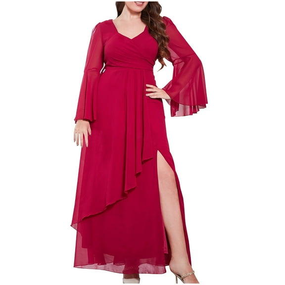 Fesfesfes Fashion Plus Size Dress for Women Hollow Lace Semi Formal Evening Dress Mother of the Bride Wedding Guest Dress Oversized Elegant Solid Long Dress(Z03#Wine,3XL)