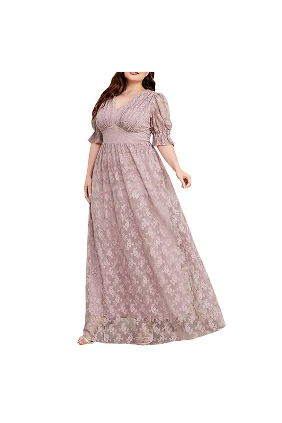 Fashion Plus Size Dress for Women Hollow Lace Semi Formal Evening Dress Mother of the Bride Wedding Guest Dress Oversized Elegant Solid Long Dress(Z02#Pink,4XL)