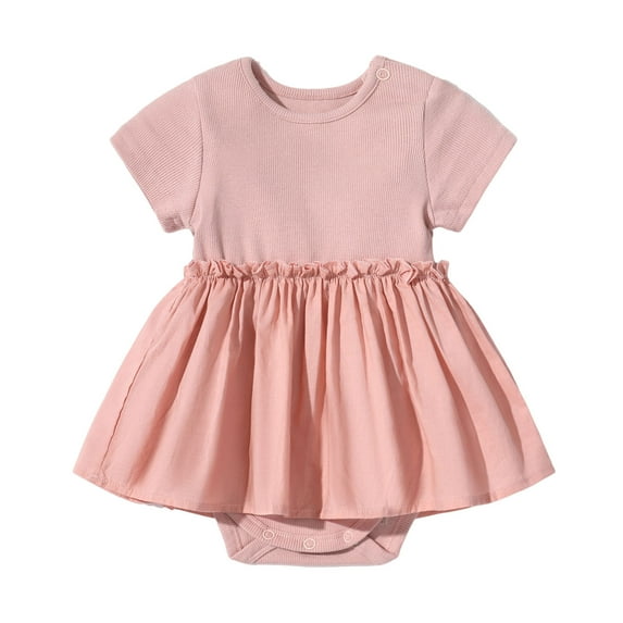 Fesfesfes New Summer Solid Color Round Neck Dress for Baby 0-2 Years Short Sleeve Fashion Romper Dress for Stylish and Casual Wear(Pink,0-3 Months)