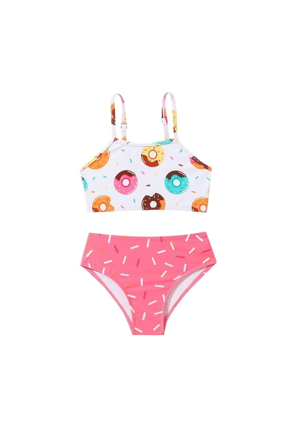 3-7 Years Kids Girls' Sweet Donut Print Split Swimsuit Set with Suspender Breathable and Comfortable Two-Piece Swimwear(Pink,4 Years)