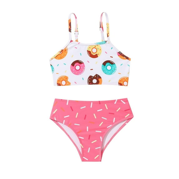 Fesfesfes 3-7 Years Kids Girls' Sweet Donut Print Split Swimsuit Set with Suspender Breathable and Comfortable Two-Piece Swimwear(Pink,6 Years)
