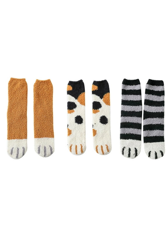 3 Pairs Socks Women Lovely Cat Claw Coral Thickening Fuzzy Middle stockings Socks