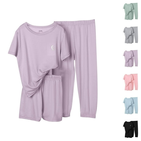 Fesfesfes 3PC Pajamas for Girls Summer Short Sleeve Tops Shorts Pants Sets Big Girls Ice Silk Thin Clothing for Teen Girls Pjs Homewear Clothes