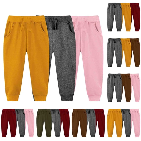 Fesfesfes 3Pack Pants for Kids Summer Pants Elastic Waistband Drawstring Pants Toddler Boys And Girls Sweatpants Casual Cute Full Length Pants