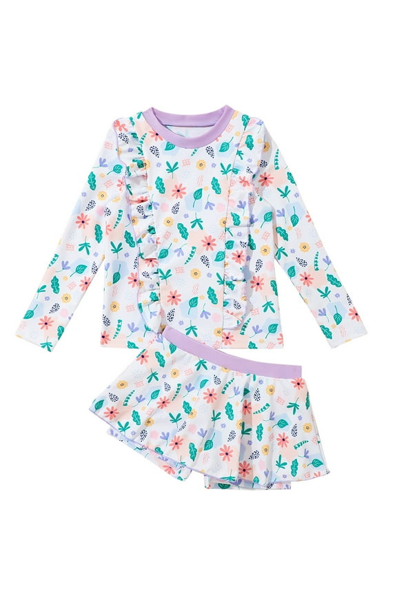 4-8 Years Girls Rash Guard Two Pieces Bathing Suit Long Sleeve Swimsuit Swimming Skirt with Shorts Swimwear Rash Guard Set(Multicolor,8 Years)