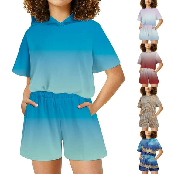 Fesfesfes 4T Girls Outfits Boys Girls Gradient T-shirt Set Printed Children Shorts Set Hooded T-shirt Children Two-piece Set 5-6 Years