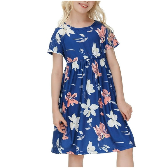 Fesfesfes 5-14Years Short Sleeve Flowers Dress for Toddler Girls Round-Neck Knee-High Dress Cute Princess Dress for Comfortable and Everyday Wear(Dark Blue,9-10 Years)