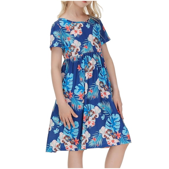 Fesfesfes 5-14Years Short Sleeve Flowers Dress for Toddler Girls Round-Neck Knee-High Dress Cute Princess Dress for Comfortable and Everyday Wear(Navy,13-14 Years)