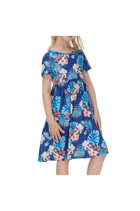 5-14Years Short Sleeve Flowers Dress for Toddler Girls Round-Neck Knee-High Dress Cute Princess Dress for Comfortable and Everyday Wear(Navy,9-10 Years)