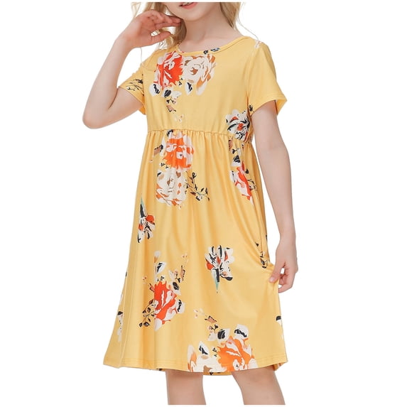 Fesfesfes 5-14Years Short Sleeve Flowers Dress for Toddler Girls Round-Neck Knee-High Dress Cute Princess Dress for Comfortable and Everyday Wear(Yellow,9-10 Years)