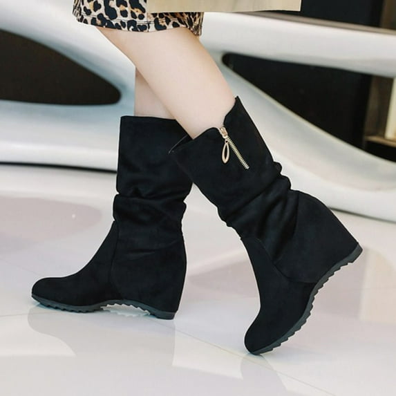 Fesfesfes Ankle Boots For Women Warm Solid Boots Round Toe Booties Wedge High Heel Boots Shoes 6(37)