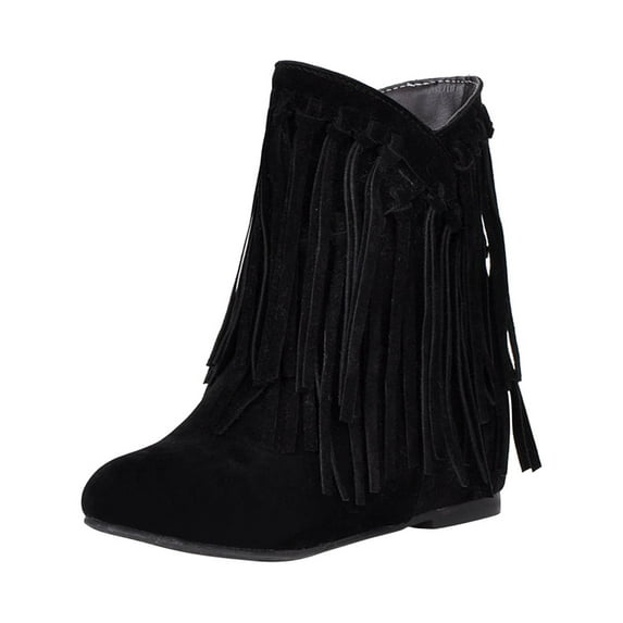 Fesfesfes Ankle Boots for Women Mid Heel Pointed Toe Slip-on Shoes Warm Boots Soild Tassel Retro Shoes Cowgirl 6.5(38)
