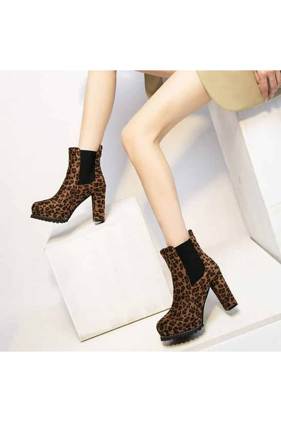 Ankle Boots for Women Round Leopard Print And Winter Thick Heel Low Sleeve Fashion Women 7(39)