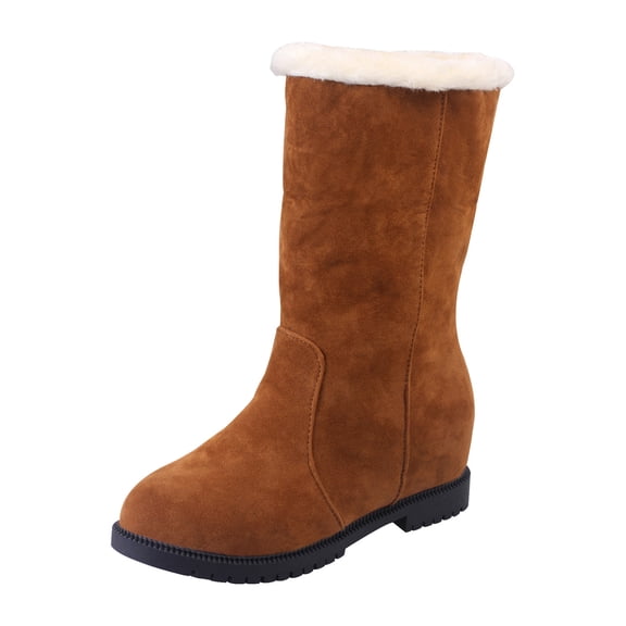 Fesfesfes Ankle Boots for Women Vintage Solid Color Round Head Plush Mid-heel Mid-calf Boots 37(US:5)