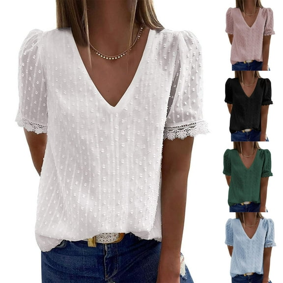 Fesfesfes Athletic Clothes for Women Fashion Women Casual Solid Short Sleeve V-Neck Lace T-Shirt Blouse Tops Womens Workout Tops Short Sleeve 3XL(US:14)