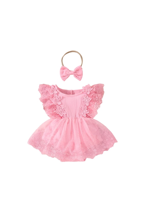 Baby Bodysuit Girls Fashion Cute Print Mesh Flying Sleeve Romper Bow Headdress Suit Ruffled Lace Embroidery Outfits