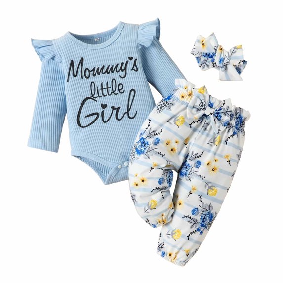 Fesfesfes Baby Bodysuit Winter Girls Long Sleeve Jumpsuit Casual Floral Printed Romper Pants Headband Suit Infant Onesie Summer Saving Sale