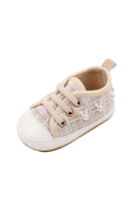 Baby Boy Girl Shoes Cute Pearl Non Slip Sneakers Breathable Lightweight Toddler First Walking Shoes Soft Soled Toddler Shoes(Beige,0-6 Months)