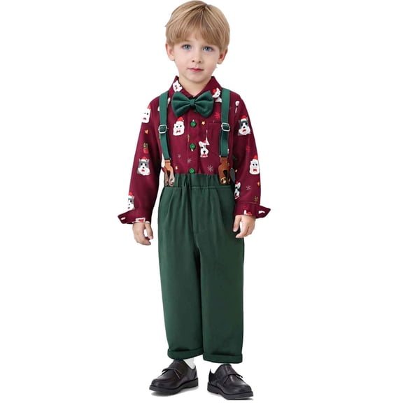 Fesfesfes Baby Boys New Year Outfit Long Sleeve Plaid Shirt and Christmas Suspenders Pants Set Toddler Winter Holiday Dress Up Suit for Festive Photos Casual Wear Fall and Winter(Red,6 Months)