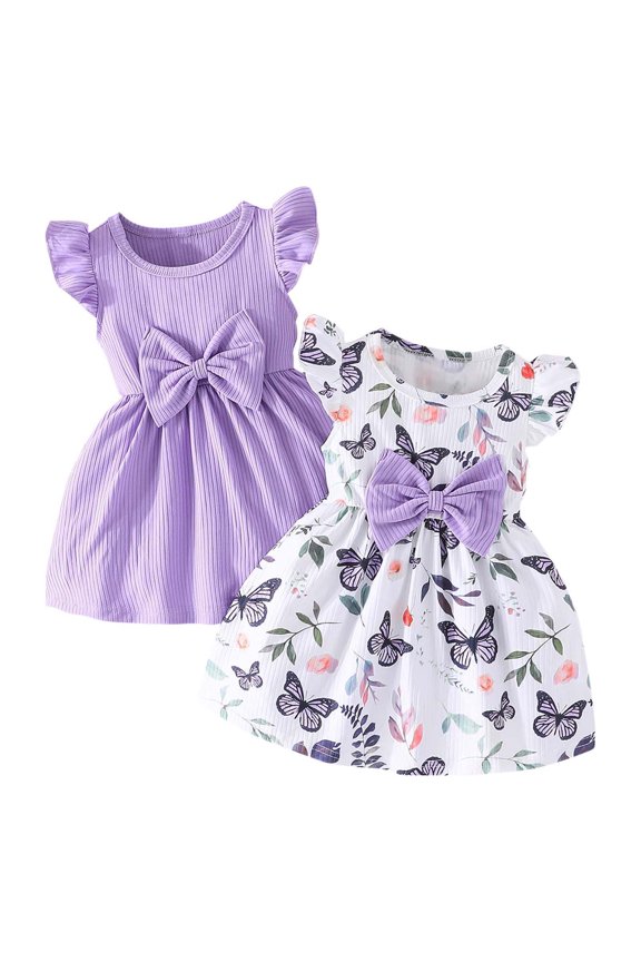 Baby Girl 2-Piece Summer Dress Set Solid Color Cute Fashion Outfit with Matching Bag,Playwear and Casual Sundress for Toddler(Purple,18 Months)