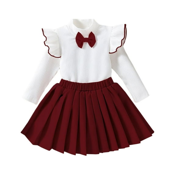 Fesfesfes Baby Girl Boho Outfit Elegant Version Of The College Style High Neck Bow Ruffle Top Pleated Skirt Suit Suitable For 6 Months ~ 5 Years Of Age 3-4 Years