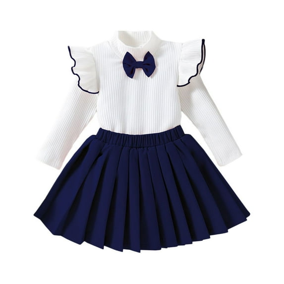Fesfesfes Baby Girl Boho Outfit Elegant Version Of The College Style High Neck Bow Ruffle Top Pleated Skirt Suit Suitable For 6 Months ~ 5 Years Of Age 4-5 Years