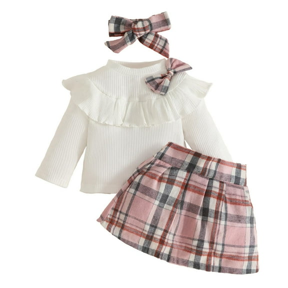Fesfesfes Baby Girl Fall Winter Outfit Set Long Sleeve Top and Plaid Skirt with Hairband Cute Ruffle Bowknot Striped Solid Color Casual Fashion Toddler Clothing 2 Piece(Pink,12 Months)