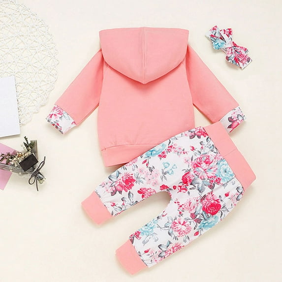 Fesfesfes Baby Girl Outfit Set 3Pcs Infant Toddler Girl Clothes Long Sleeve Hoodie With Pocket Tops Floral Pants Outfits Set With Headband 3-12 Months 12-18 Months