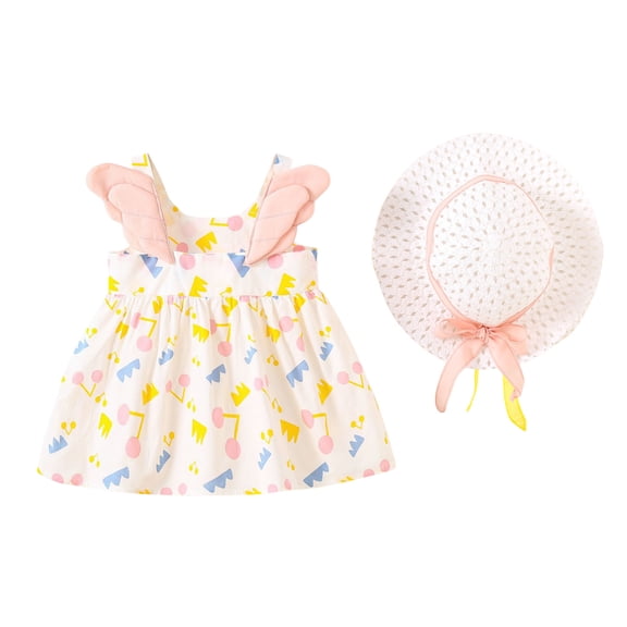 Fesfesfes Baby Girl's Dress Set Sweet Print Ruffle Sleeveless Dress with Hat,Toddler Cute Summer Outfit for Toddler, Photoshoot and Casual Holiday Wear(Pink,6 Months)