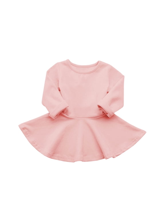Baby Girls Long Sleeve Ruffle Hem Dress Round Neck Soft Cotton Blend Casual Outfit for Fall Spring Daily Wear Ages 3 Months-3 Years
