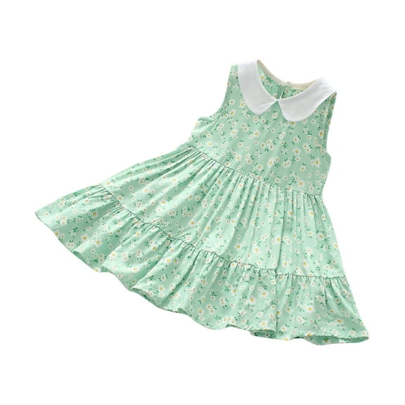 Fesfesfes Baby Girls' Sleeveless Ruffle Dress 2-10 Years Kids Cute Sweet Flower Print Round-Neck Mid-Calf Dress for Adorable and Comfortable Wear(Green,9-10Years)