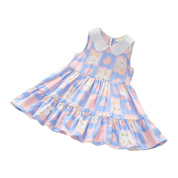Fesfesfes Baby Girls' Sleeveless Ruffle Dress 2-10 Years Kids Cute Sweet Flower Print Round-Neck Mid-Calf Dress for Adorable and Comfortable Wear(Light Blue,9-10Years)