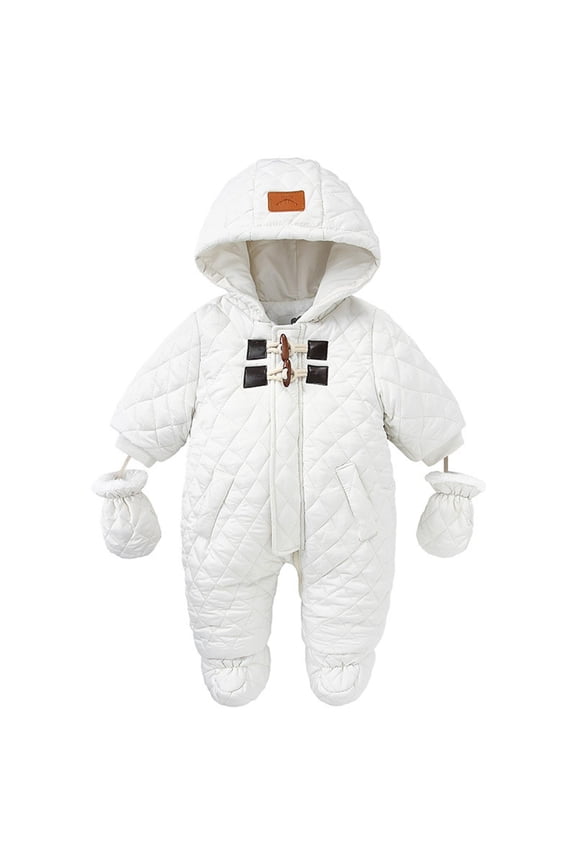 Baby Hooded Jumpsuit Winter Warm Outfit Romper 1 Piece Solid Color Fleece Lined Thick Cozy Outwear for Boys Girls Fall and Winter Soft Breathable Fabric Playwear(White#1,6-9 Months)